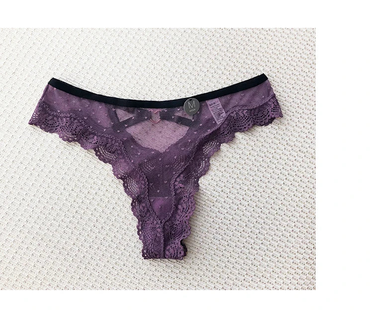 European and American Lace Polka Dot Mesh Cotton Bottom Sexy Seamless Low-rise Thong T-pants Underwear Women