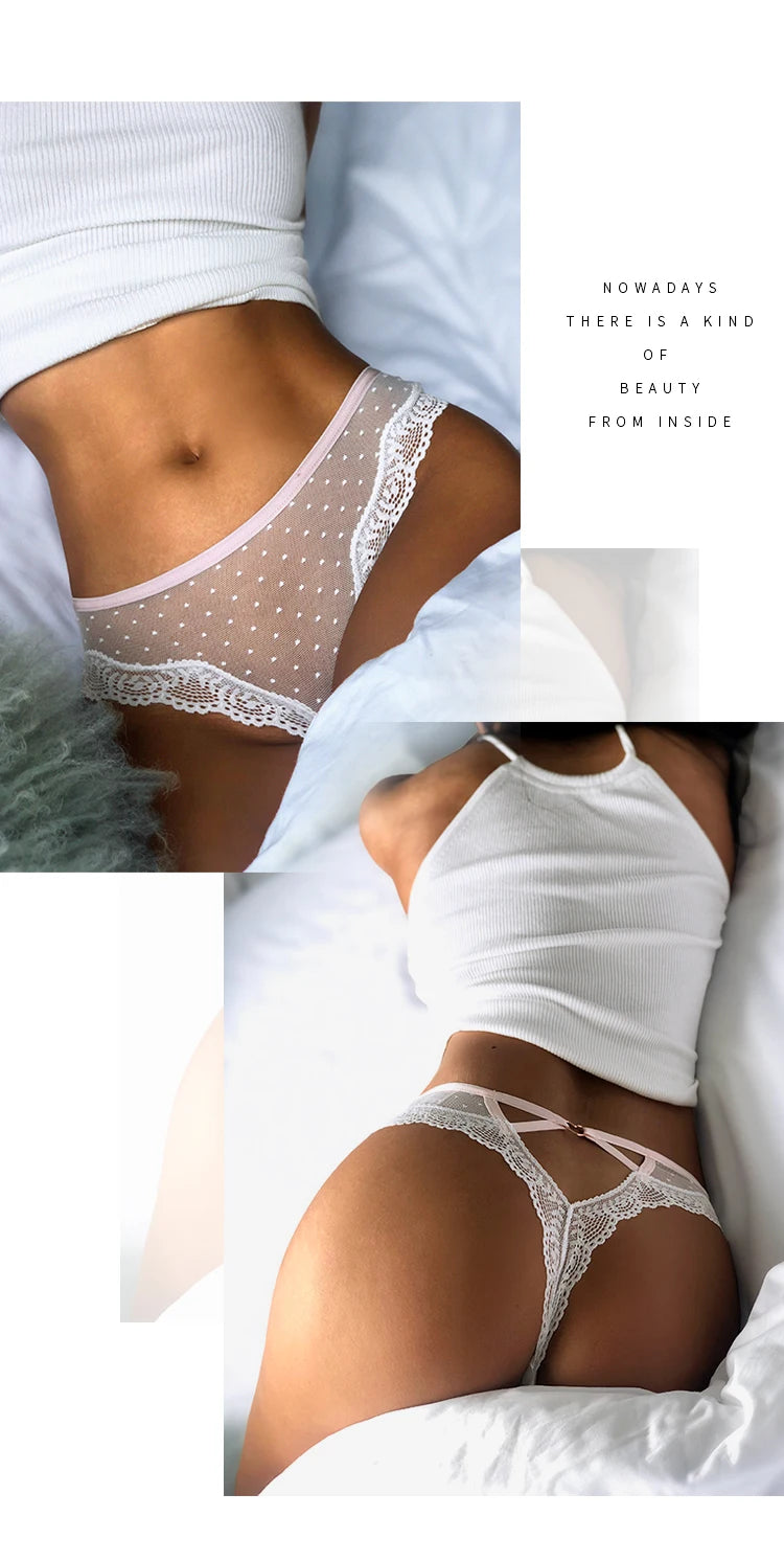European and American Lace Polka Dot Mesh Cotton Bottom Sexy Seamless Low-rise Thong T-pants Underwear Women