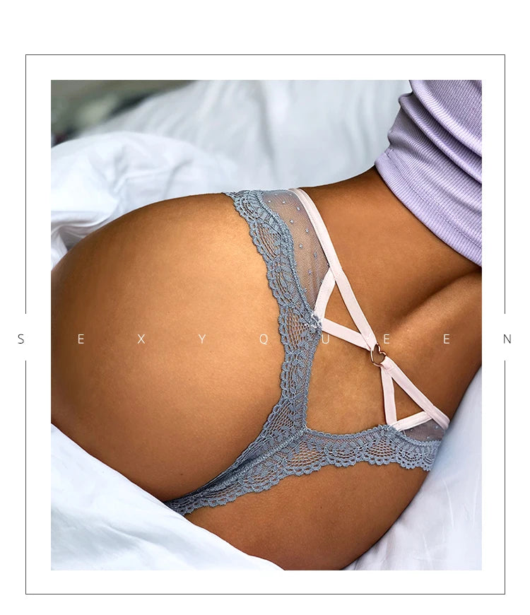 European and American Lace Polka Dot Mesh Cotton Bottom Sexy Seamless Low-rise Thong T-pants Underwear Women