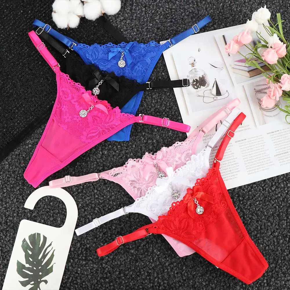 Women Lace Panties Thongs Pearl Pendant Lace Embroidery G-String T-Back Briefs Underwear Adjustable Ladies Panties Sexy Lingerie