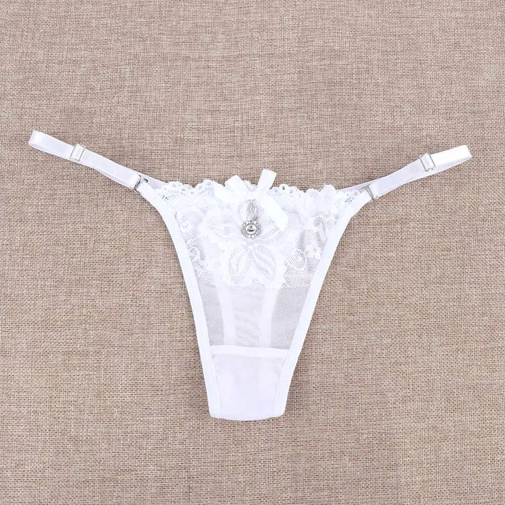 Women Lace Panties Thongs Pearl Pendant Lace Embroidery G-String T-Back Briefs Underwear Adjustable Ladies Panties Sexy Lingerie