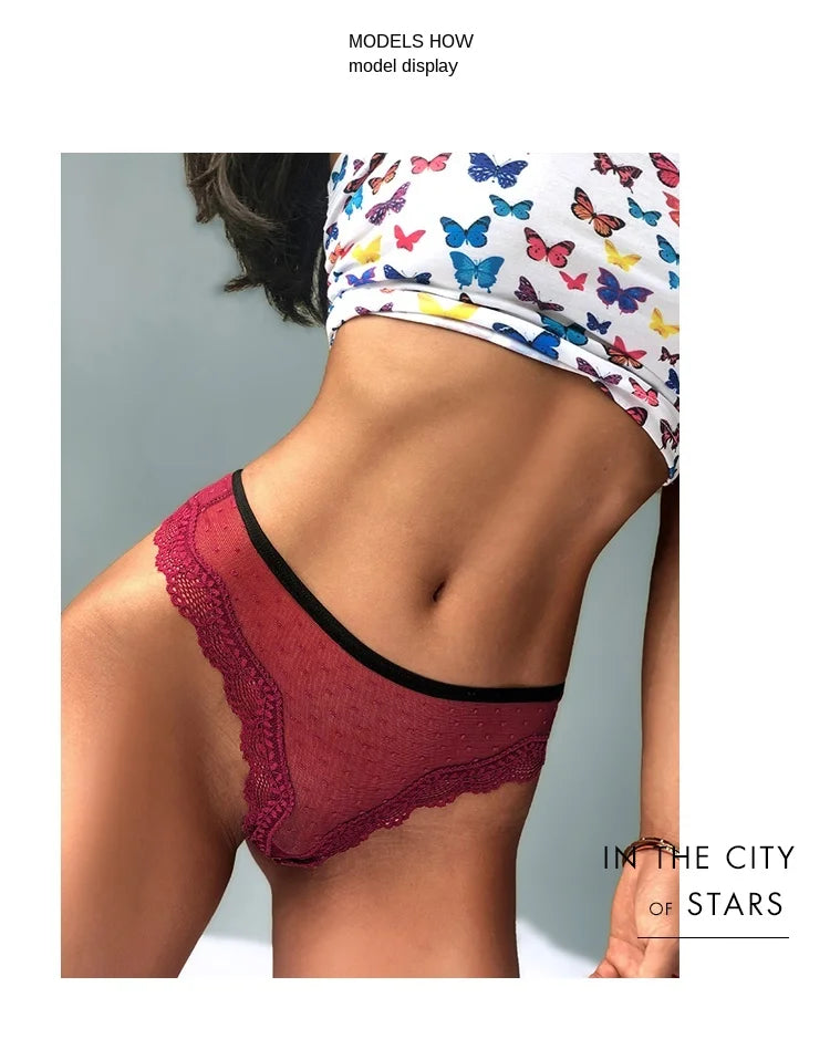 European and American Lace Polka Dot Mesh Cotton Bottom Sexy Seamless Low-rise Thong T-pants Underwear Women
