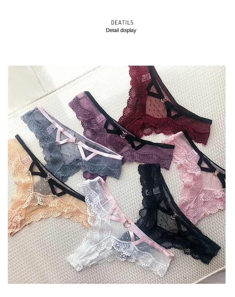 European and American Lace Polka Dot Mesh Cotton Bottom Sexy Seamless Low-rise Thong T-pants Underwear Women