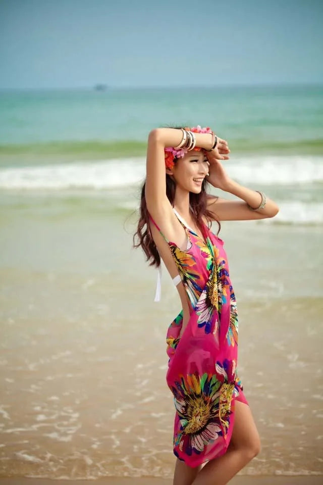 Women's Printed Chiffon Beach Cover Up, Sexy Halter Open Back Bikini Wrap Pareo