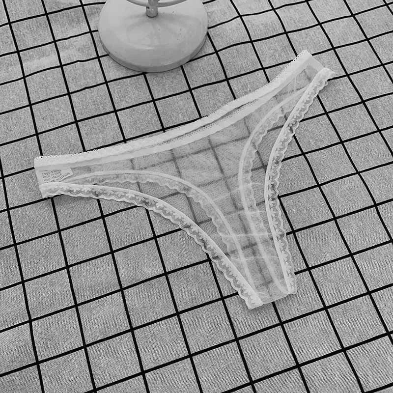 Women's Sexy Transparent Thong Panties Lace See-Through Crotch Mesh Bottom Seamless Low-Rise T-Pants Underwear