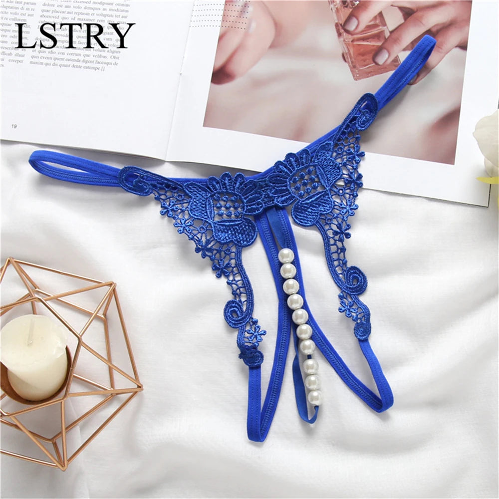 T Panties Female Underwear Lace Seamless Thongs Women's Pants Sexy Pearl G-String Erotic Women Crotchless Breathable Sleepwear