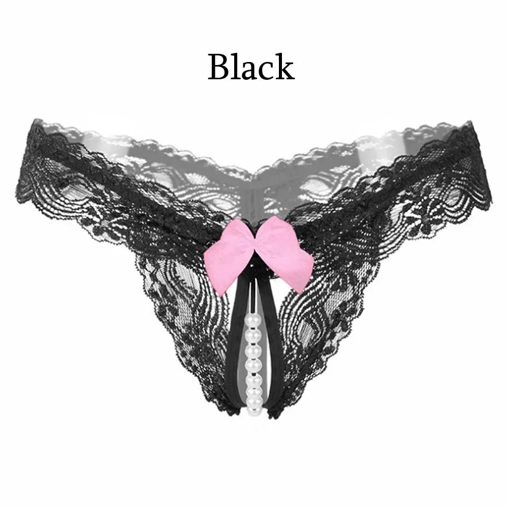 Sexy Lace Pearl Thong Open Underwear Transparent T Pants High Elasticity Sexy Lingerie for Women Mini Panties