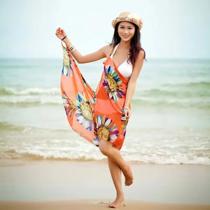 Printed Cover-ups Sexy Beach Dress Women Halter Sling Chiffon Beach Towel Bikini Wrap Pareo Skirts Open-Back Swimwear