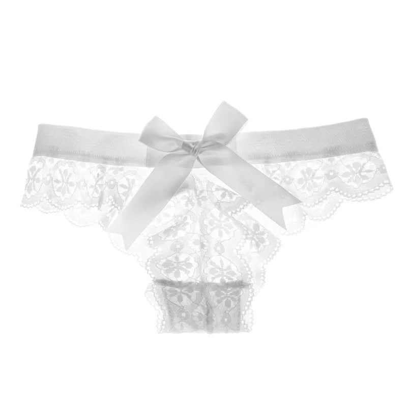 Sexy Transparent Lace Lady thong Solid Color Women's Underwear Buttocks Big Bow Decoration T-back Temptation Mesh Female T-pants