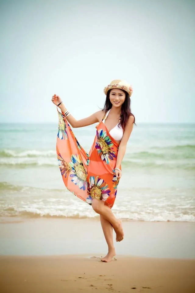 Women's Printed Chiffon Beach Cover Up, Sexy Halter Open Back Bikini Wrap Pareo