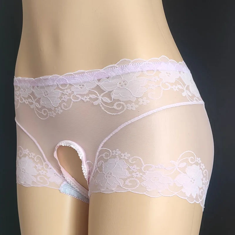 Women Sexy Open Crotch Panties Transparent Lace Hollow Out Crotchless Underwear Thongs Plus Size Female Underpants Briefs Tangas