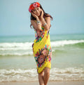 Women's Printed Chiffon Beach Cover Up, Sexy Halter Open Back Bikini Wrap Pareo