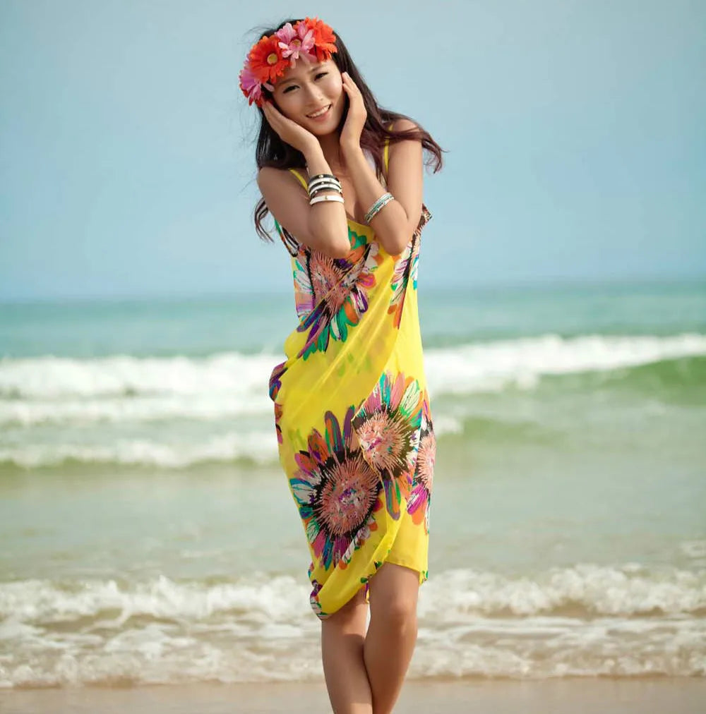 Women's Printed Chiffon Beach Cover Up, Sexy Halter Open Back Bikini Wrap Pareo