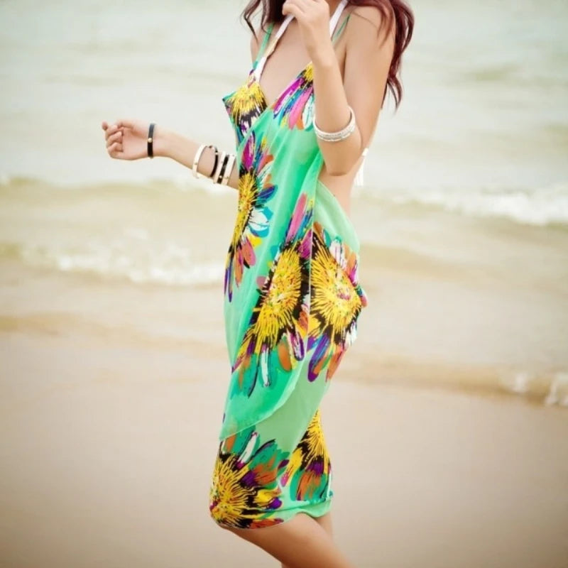 Women's Printed Chiffon Beach Cover Up, Sexy Halter Open Back Bikini Wrap Pareo