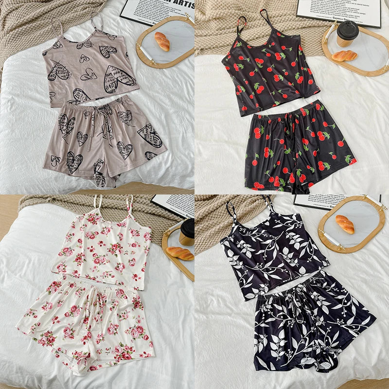 Women Sexy Pajama Ladies Satin Pajama Print Round Neck Ice Silk Top T-Shirt and Shorts Sets Breathable Comfortable Home Wear New