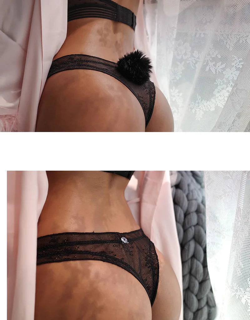 Sexy Panties Cute Rabbit Tail Women's Thong Lace Briefs Transparent Underwear Comfort Breathable Low Rise G string Underpants
