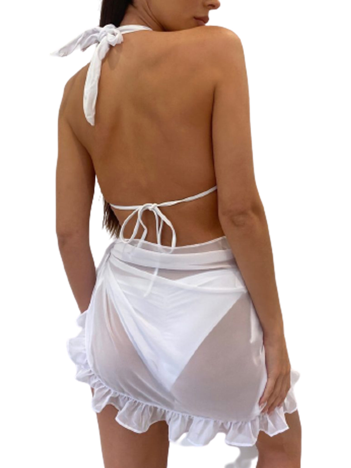 Women Swimsuit Bikini Cover-Ups Skirt Summer Solid Color Beach Wrap Skirt Swimwear Female Ruffles Trim Lace Up Sarong Cover Ups