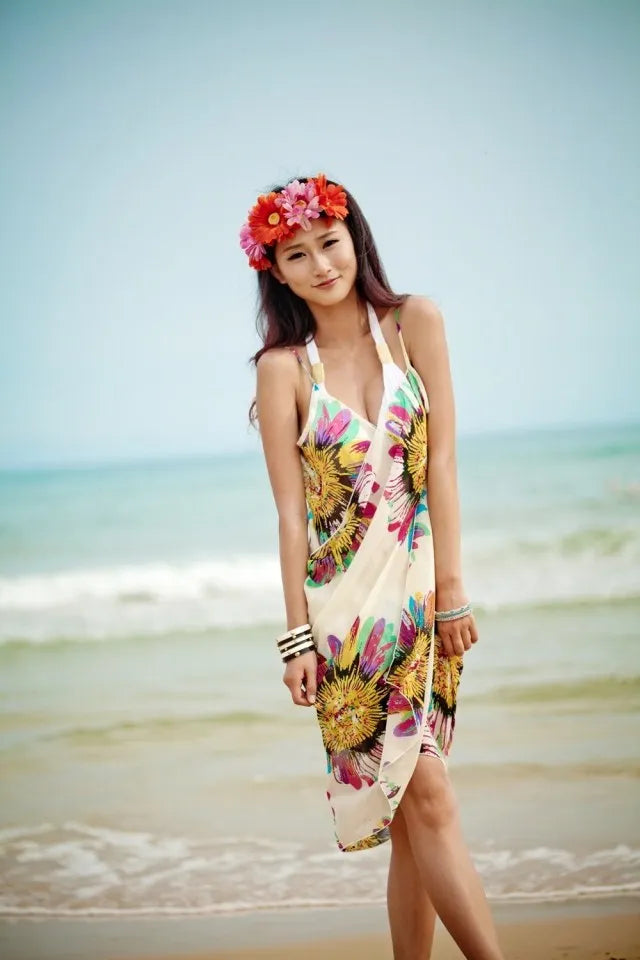 Women's Printed Chiffon Beach Cover Up, Sexy Halter Open Back Bikini Wrap Pareo