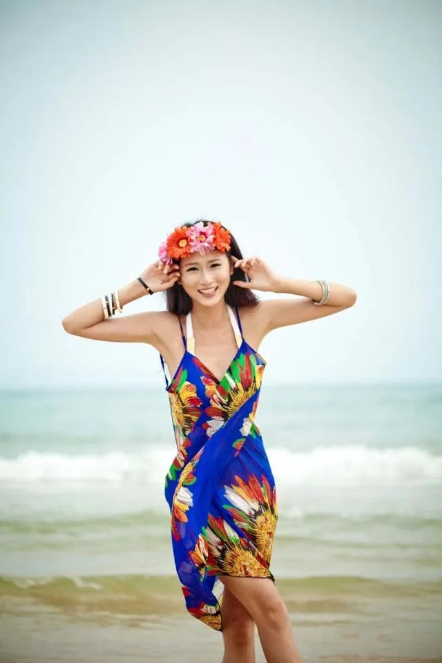 Women's Printed Chiffon Beach Cover Up, Sexy Halter Open Back Bikini Wrap Pareo