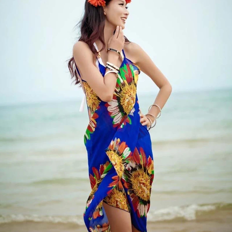 Women's Printed Chiffon Beach Cover Up, Sexy Halter Open Back Bikini Wrap Pareo
