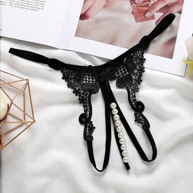 T Panties Female Underwear Lace Seamless Thongs Women's Pants Sexy Pearl G-String Erotic Women Crotchless Breathable Sleepwear