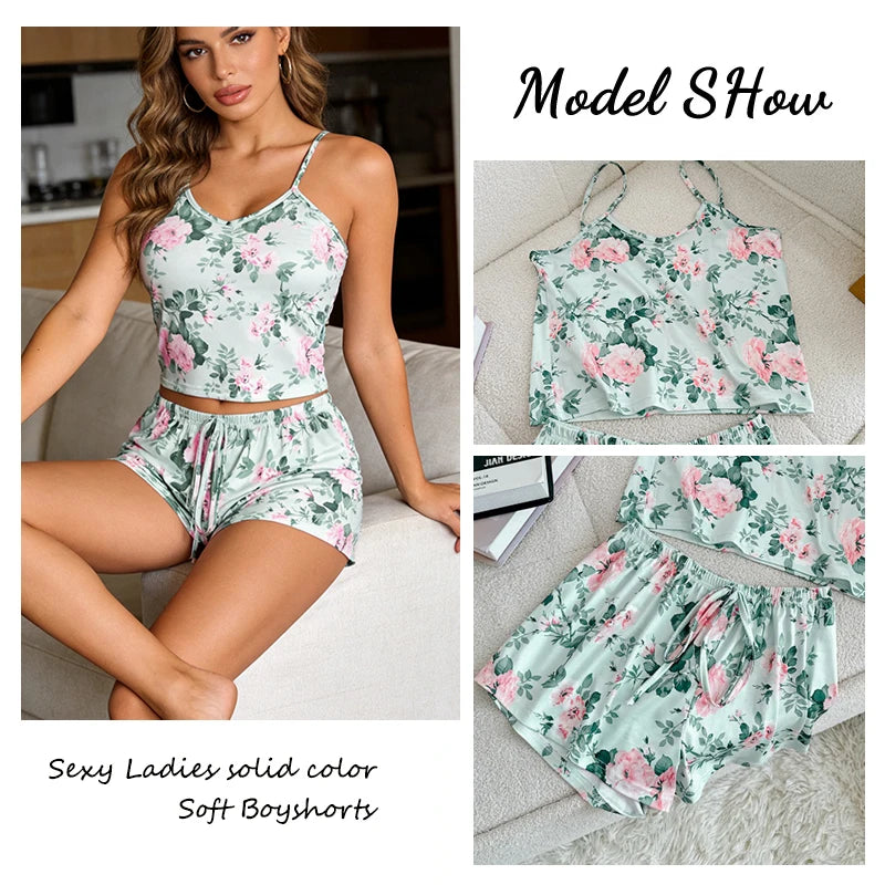 Women Sexy Pajama Ladies Satin Pajama Print Round Neck Ice Silk Top T-Shirt and Shorts Sets Breathable Comfortable Home Wear New