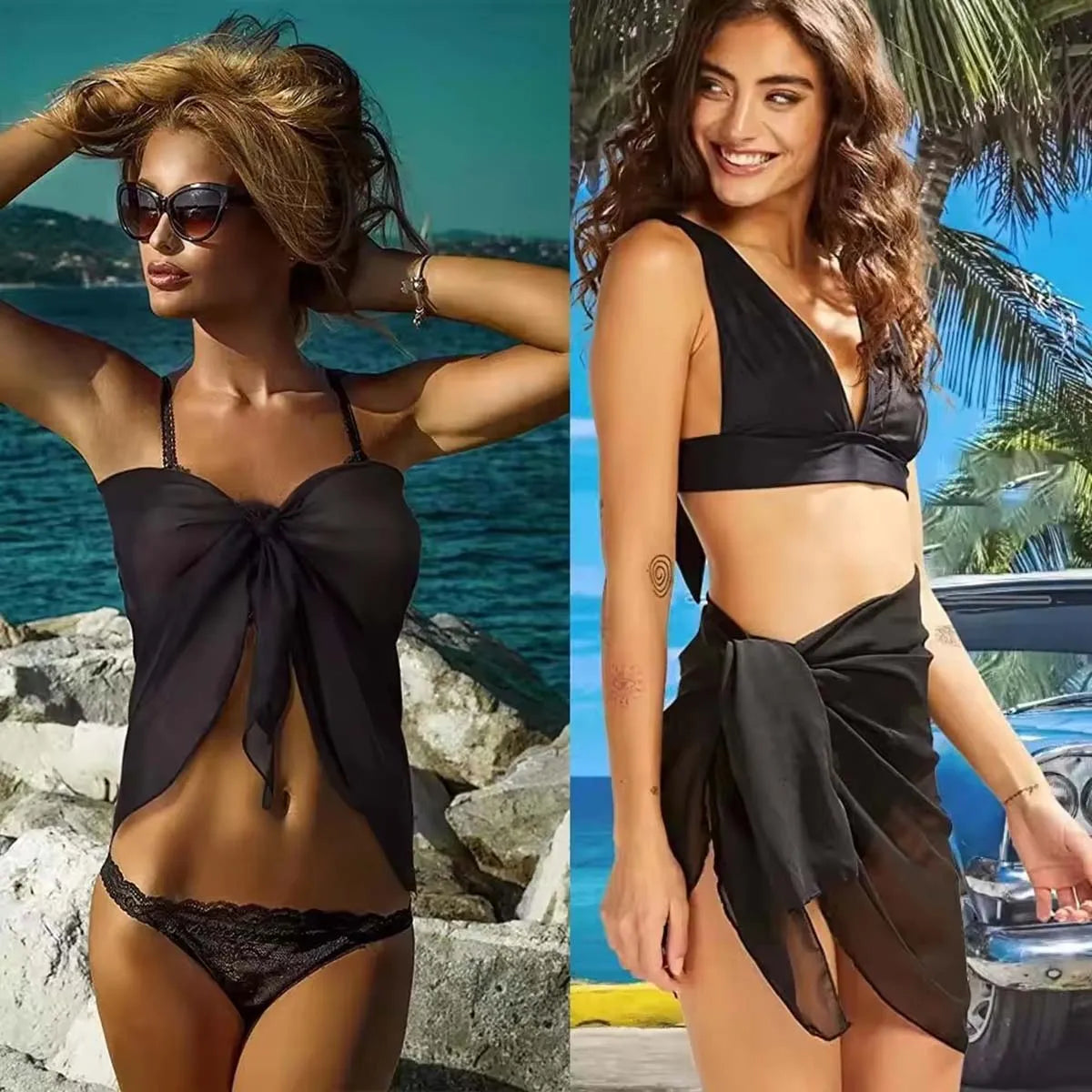 Women Summer Short Sarongs Swimsuit Coverups Beach Bikini Wrap Sheer Short Skirt Chiffon Scarf Cover Ups for Swimwear