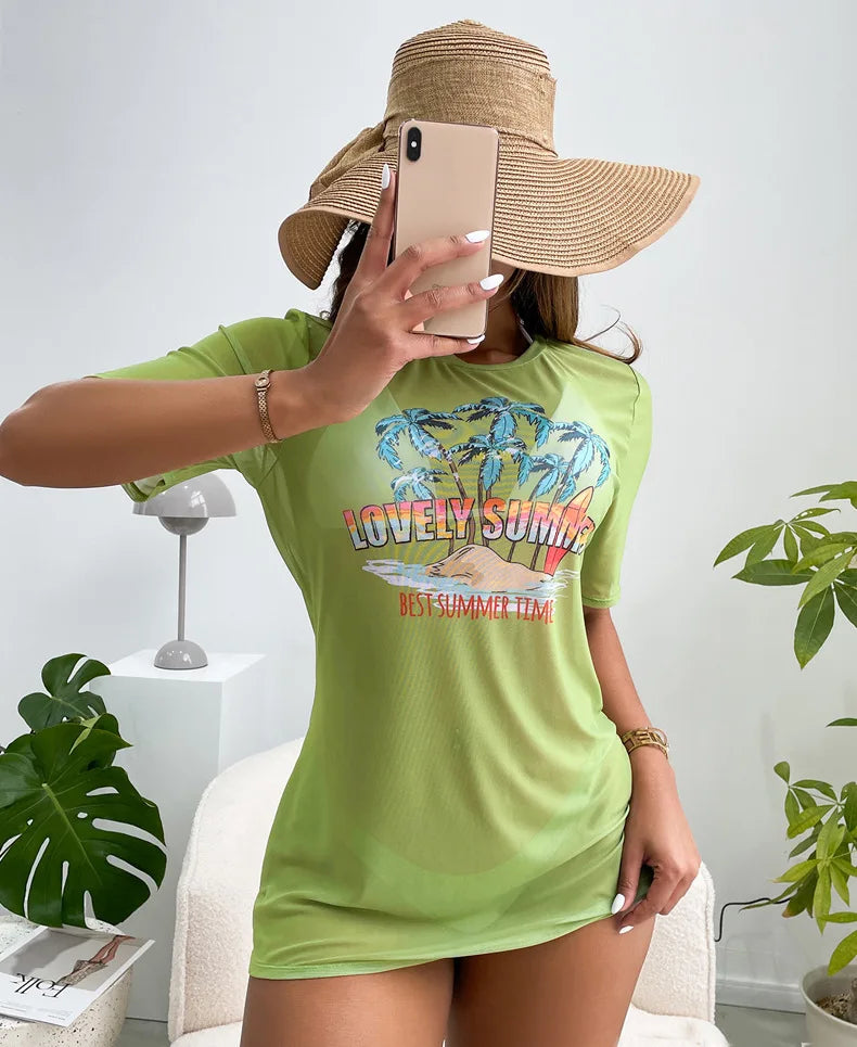 Women's Swimsuit Cover Up Mesh Cover Up Dress Short Sleeve Bathing Suit Coverup Summer Beach Dress