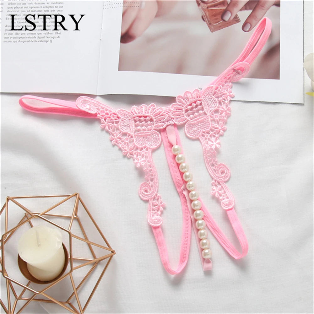 T Panties Female Underwear Lace Seamless Thongs Women's Pants Sexy Pearl G-String Erotic Women Crotchless Breathable Sleepwear
