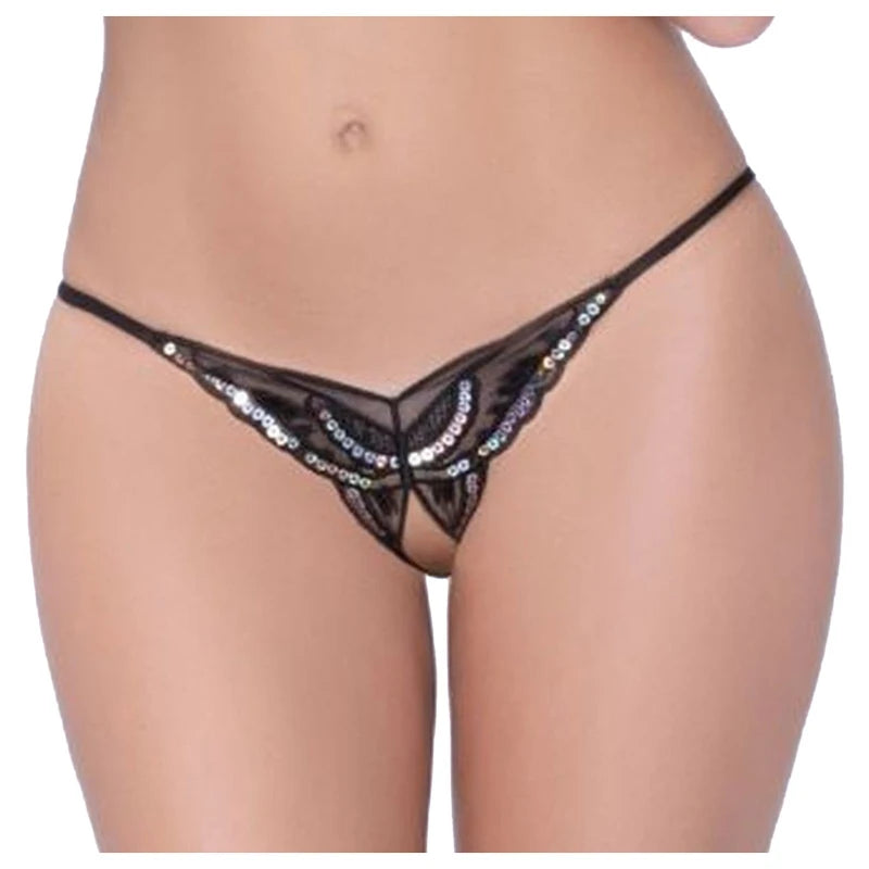 Womens Panties Sexy Lingerie Lace Sequins Embroidery Open Crotch Briefs Thong Transparent T Pants Underwear Ladies Pantys