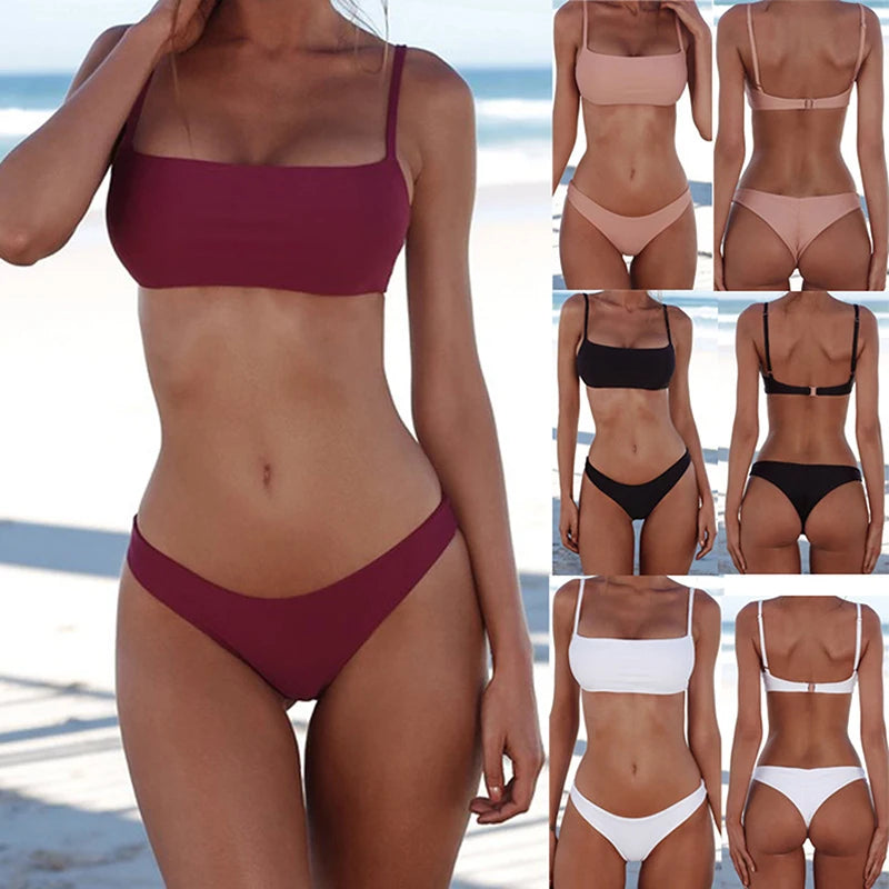 （Summer6）Solid Sexy Bikini Set Women Swimming Suit Fashion Swimsuit Two-Piece Swimwear Bathing Suit Female Biquini Sets