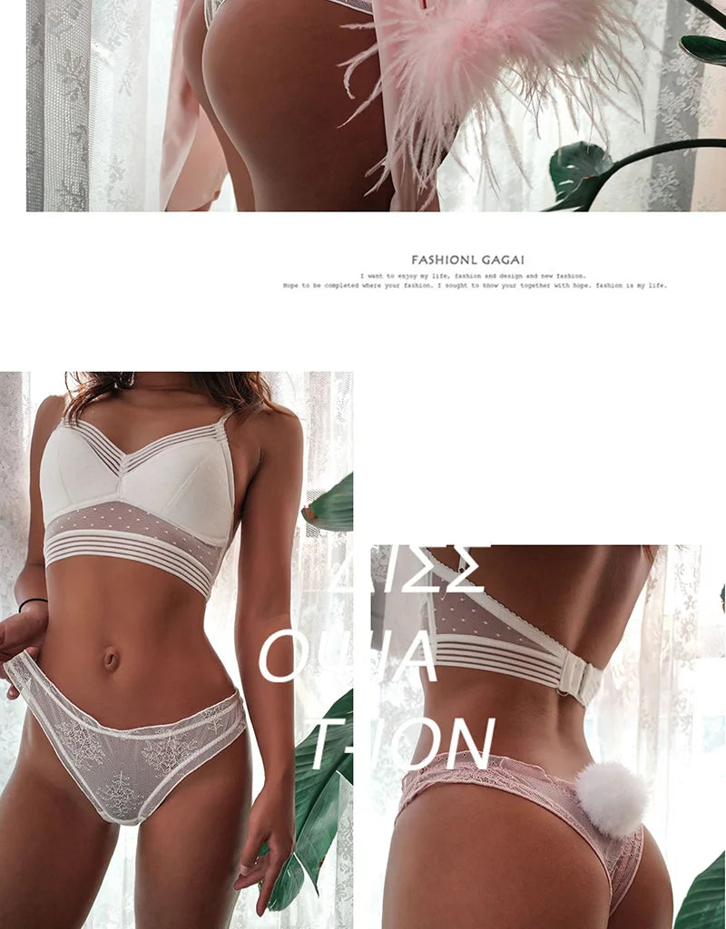 Sexy Panties Cute Rabbit Tail Women's Thong Lace Briefs Transparent Underwear Comfort Breathable Low Rise G string Underpants
