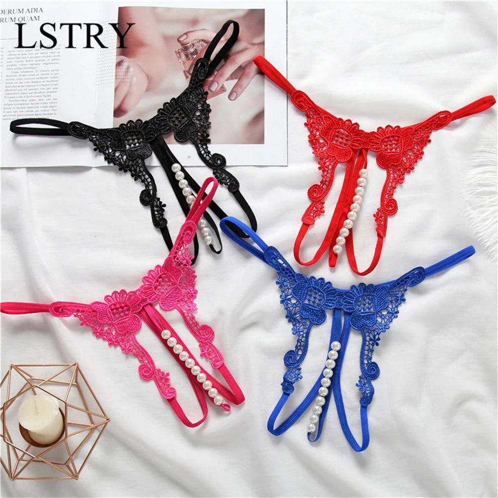 T Panties Female Underwear Lace Seamless Thongs Women's Pants Sexy Pearl G-String Erotic Women Crotchless Breathable Sleepwear
