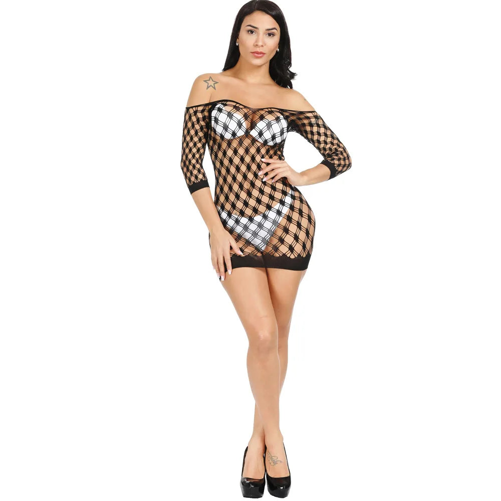 Sexy Female Dress Sleepwear Long Sleeve Clothes Ladies Summer Fishnet Short Net Skirt Lingerie Women