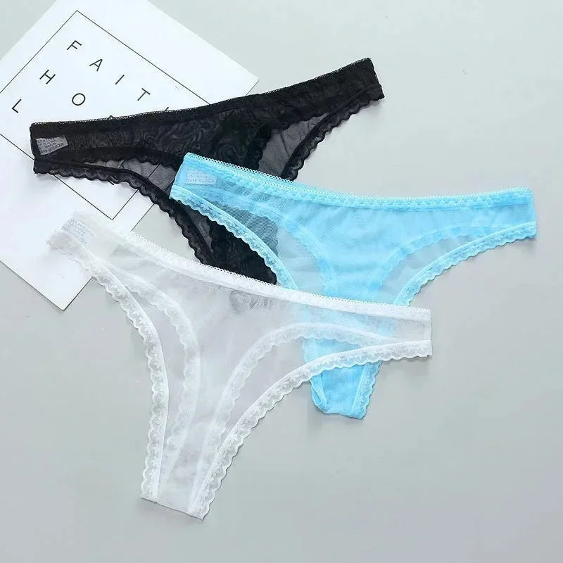 Women's Sexy Transparent Thong Panties Lace See-Through Crotch Mesh Bottom Seamless Low-Rise T-Pants Underwear