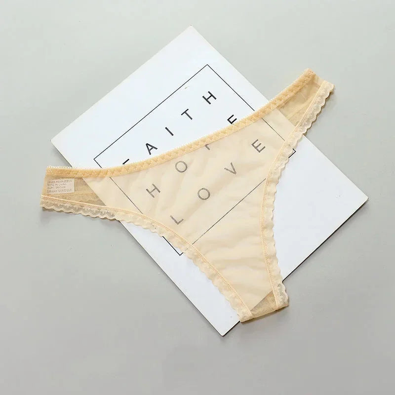 Women's Sexy Transparent Thong Panties Lace See-Through Crotch Mesh Bottom Seamless Low-Rise T-Pants Underwear