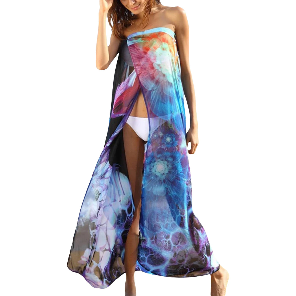 Women Bikini Cover Ups Chiffon Bohemian Printed Swimwear Cover-ups Tie-ups Strapless Long Beach Dress 2026 Summer