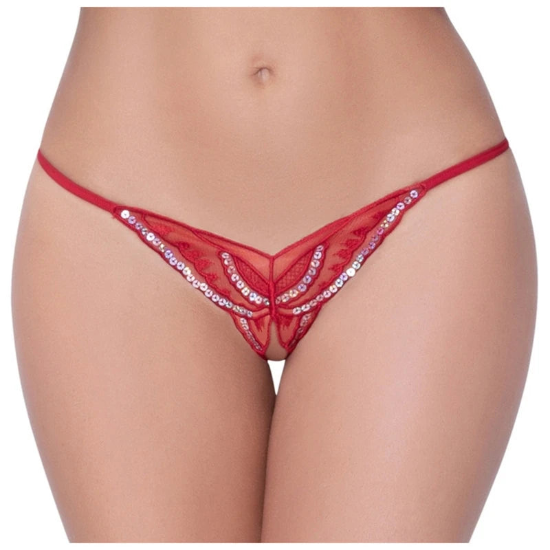 Womens Panties Sexy Lingerie Lace Sequins Embroidery Open Crotch Briefs Thong Transparent T Pants Underwear Ladies Pantys