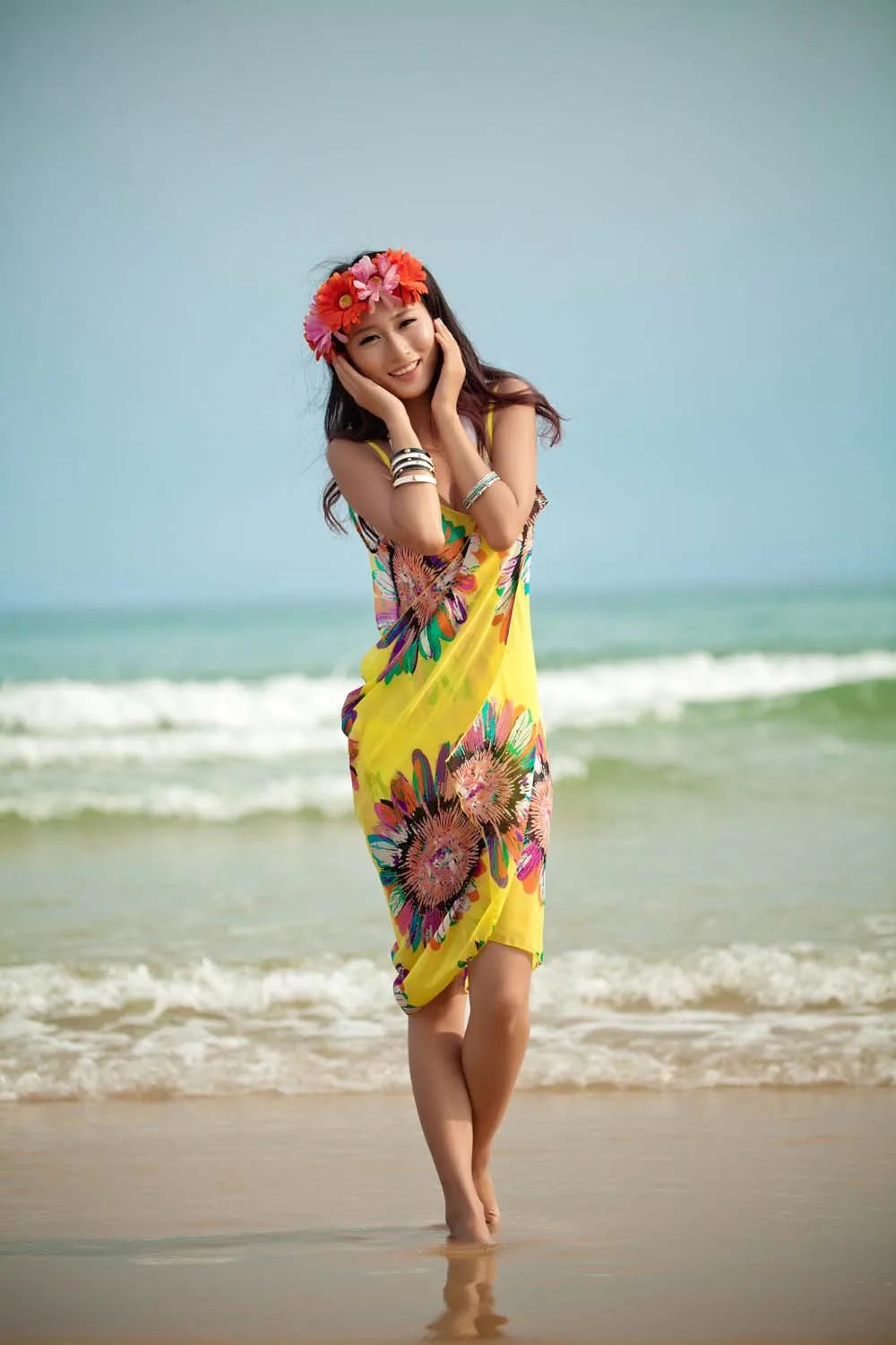 Women's Printed Chiffon Beach Cover Up, Sexy Halter Open Back Bikini Wrap Pareo