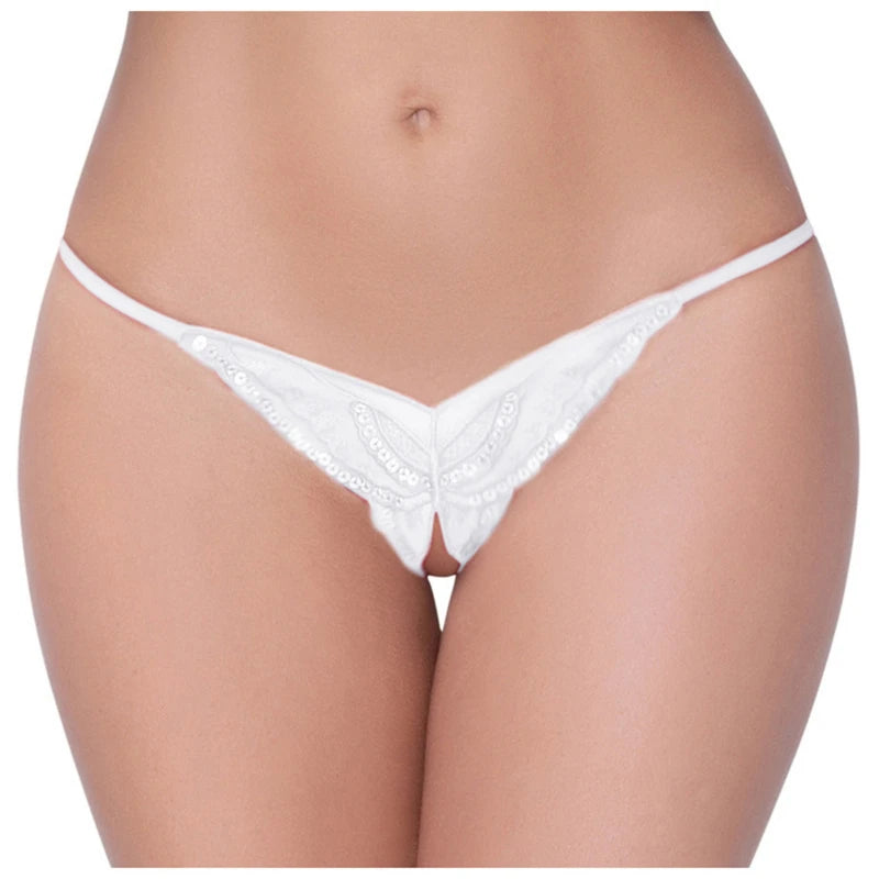 Womens Panties Sexy Lingerie Lace Sequins Embroidery Open Crotch Briefs Thong Transparent T Pants Underwear Ladies Pantys