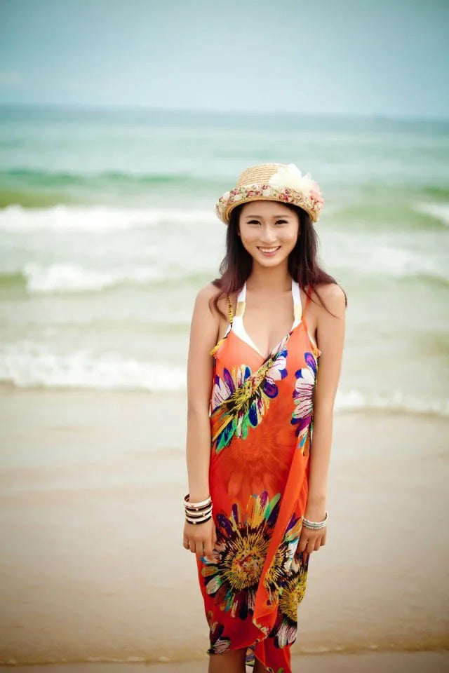 Women's Printed Chiffon Beach Cover Up, Sexy Halter Open Back Bikini Wrap Pareo