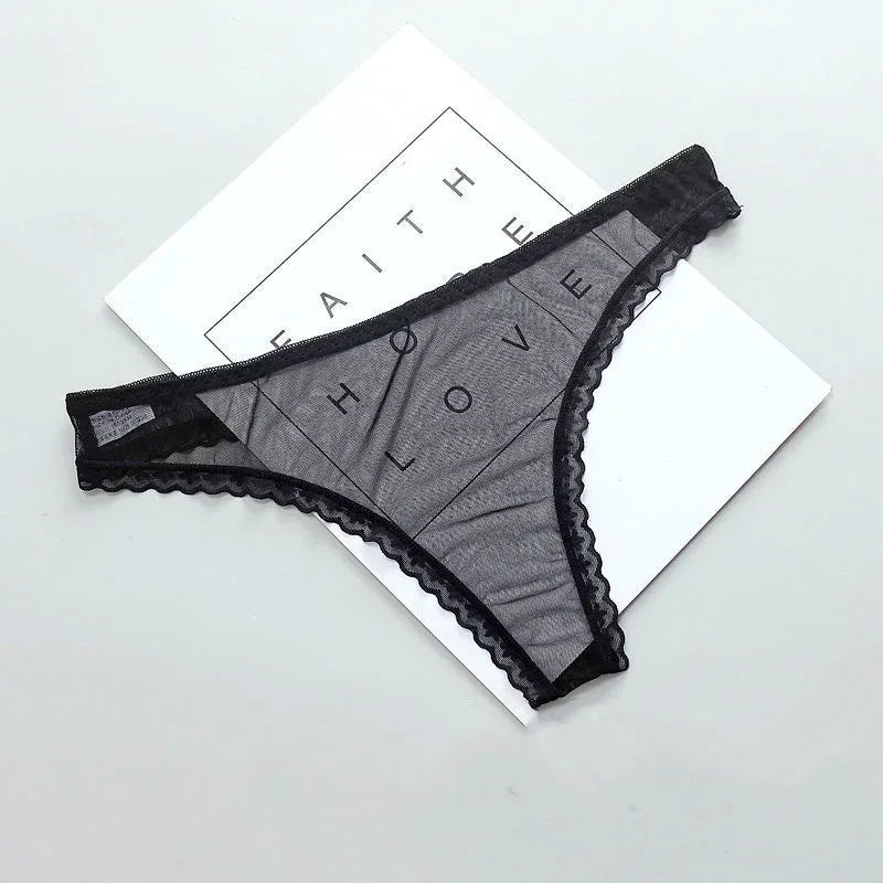 Women's Sexy Transparent Thong Panties Lace See-Through Crotch Mesh Bottom Seamless Low-Rise T-Pants Underwear