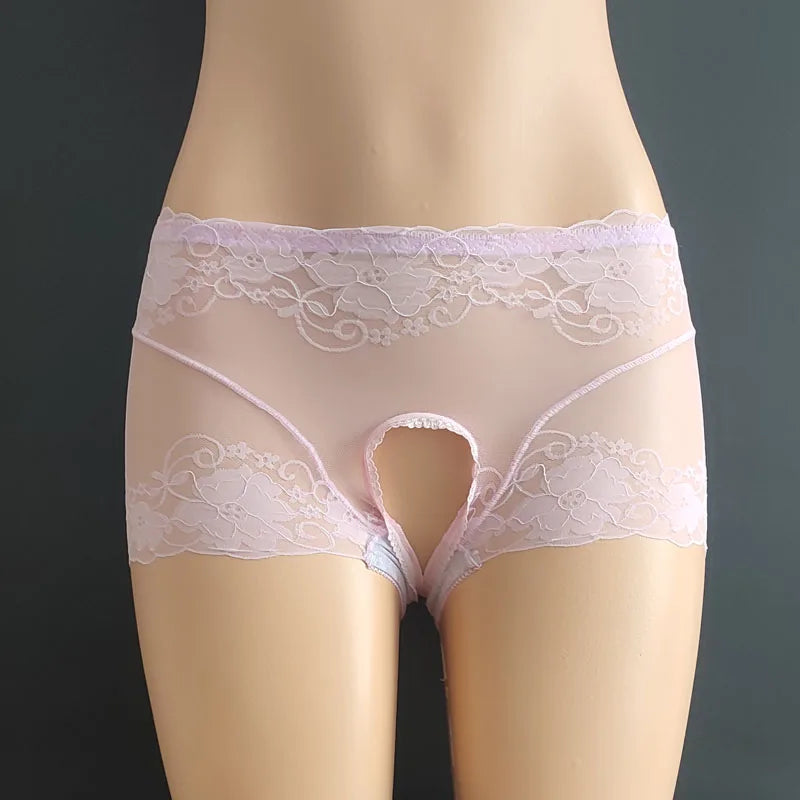 Women Sexy Open Crotch Panties Transparent Lace Hollow Out Crotchless Underwear Thongs Plus Size Female Underpants Briefs Tangas