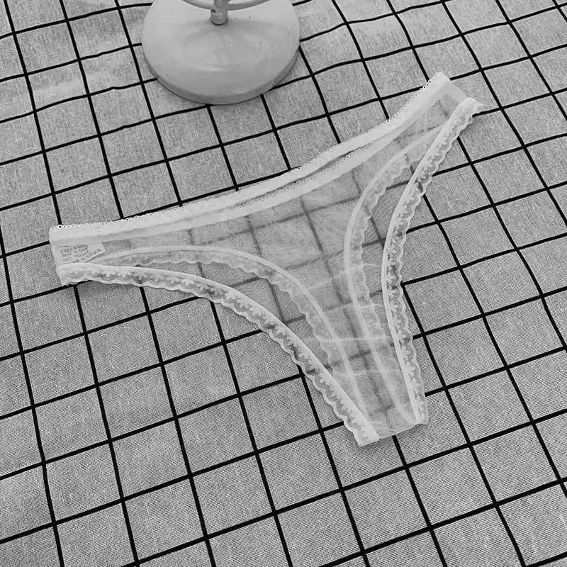 Women's Sexy Transparent Thong Panties Lace See-Through Crotch Mesh Bottom Seamless Low-Rise T-Pants Underwear