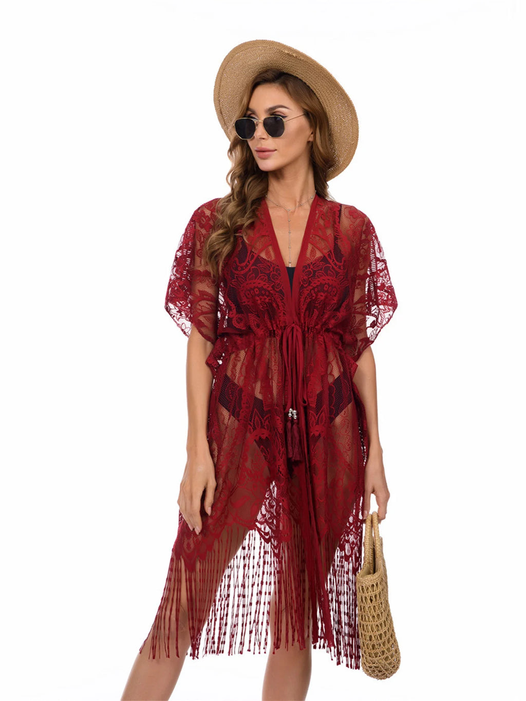 Women Swimsuit Cover Up Tassels beach sarong Long Beach Dress Floral Lace Bathing Suit Kimono Bikini Swim Coverup