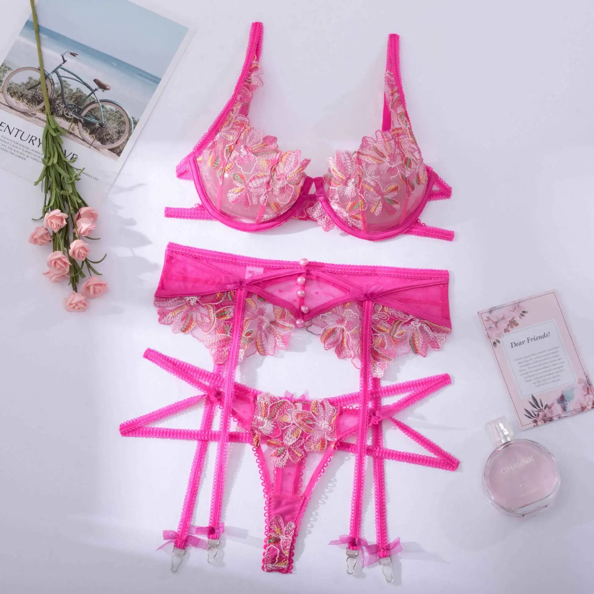 Womens Sexy Lingerie Sets with Garter Belts Sexy Pink Floral Lace Bra and Pants Exotic Underwear Embroidered Mesh Sex Costumes