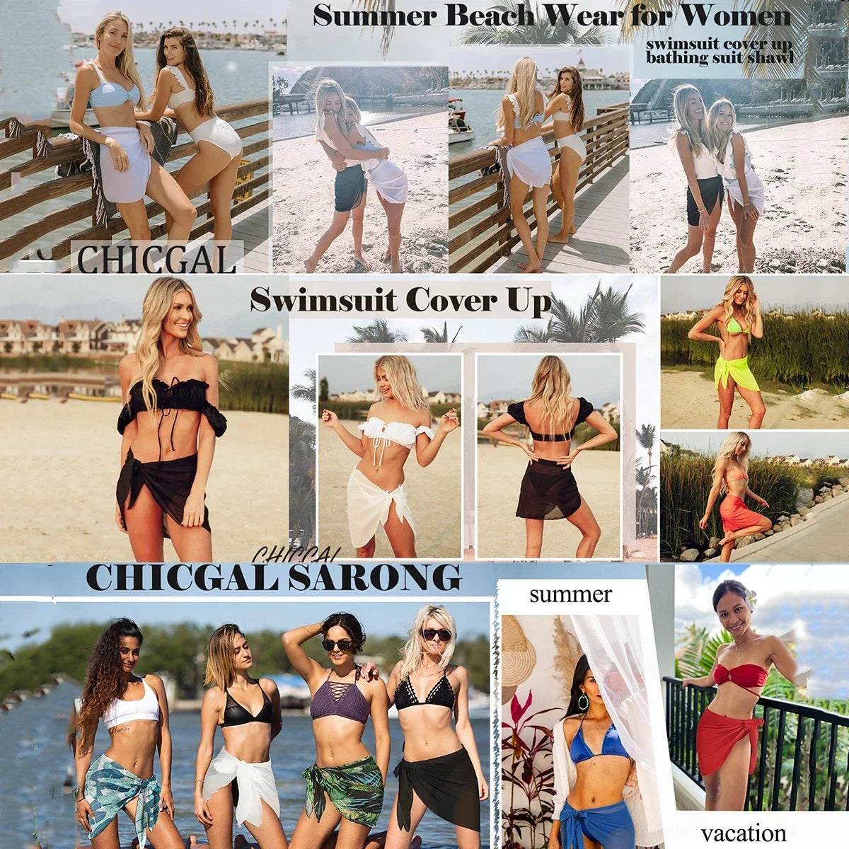 Women Summer Short Sarongs Swimsuit Coverups Beach Bikini Wrap Sheer Short Skirt Chiffon Scarf Cover Ups for Swimwear