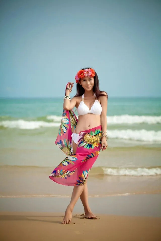 Women's Printed Chiffon Beach Cover Up, Sexy Halter Open Back Bikini Wrap Pareo