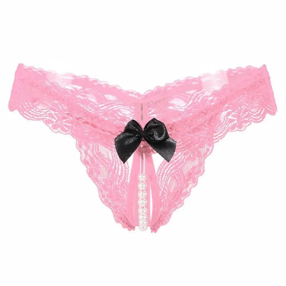 Sexy Lace Pearl Thong Open Underwear Transparent T Pants High Elasticity Sexy Lingerie for Women Mini Panties