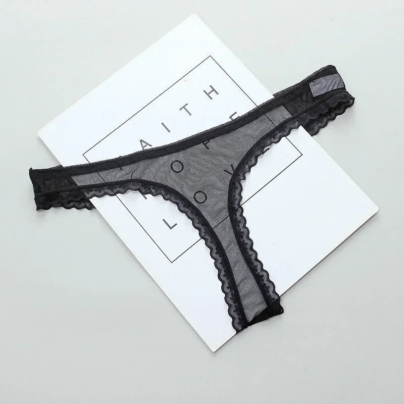 Women's Sexy Transparent Thong Panties Lace See-Through Crotch Mesh Bottom Seamless Low-Rise T-Pants Underwear